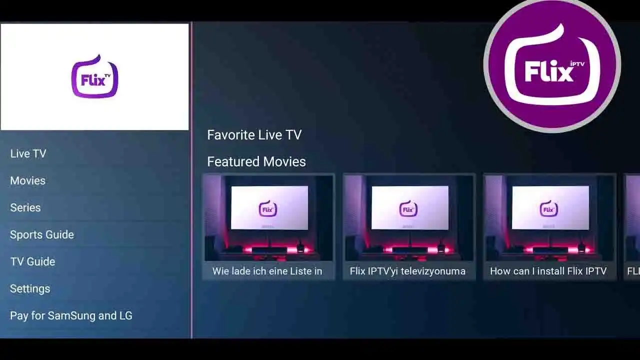 Flix IPTV app interface on a Smart TV, showing live channels and EPG.