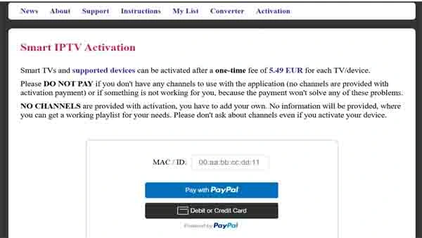 Smart IPTV login screen